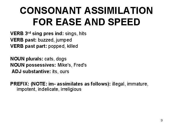 CONSONANT ASSIMILATION FOR EASE AND SPEED VERB 3 rd sing pres ind: sings, hits