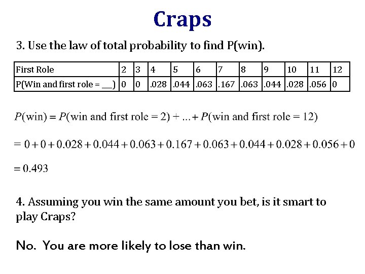 Craps 3. Use the law of total probability to find P(win). First Role 2