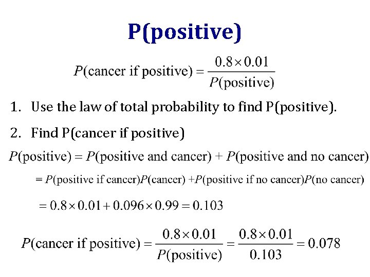 P(positive) 1. Use the law of total probability to find P(positive). 2. Find P(cancer