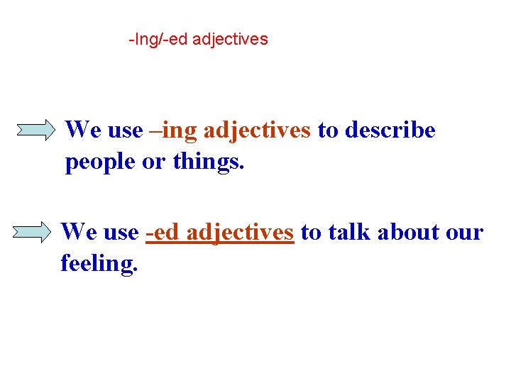 -Ing/-ed adjectives We use –ing adjectives to describe people or things. We use -ed