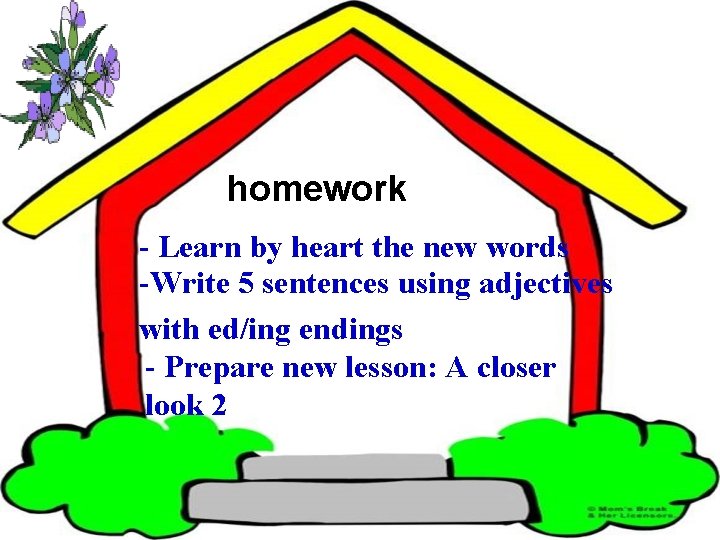 homework - Learn by heart the new words -Write 5 sentences using adjectives with