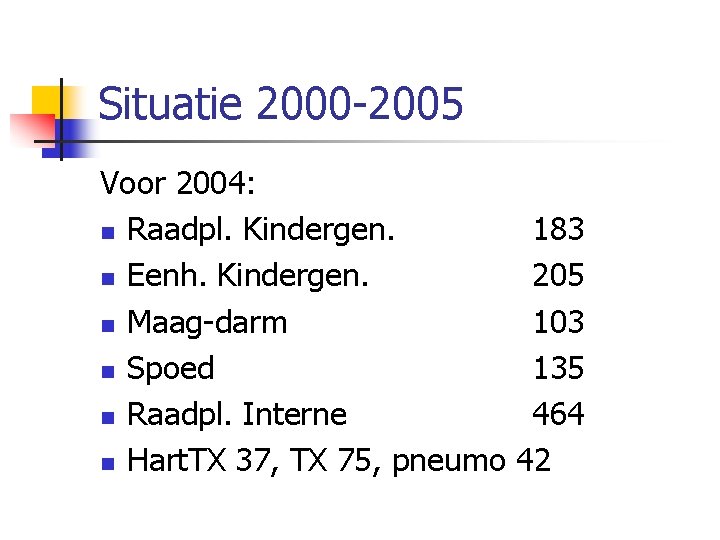 Situatie 2000 2005 Voor 2004: n Raadpl. Kindergen. n Eenh. Kindergen. n Maag darm