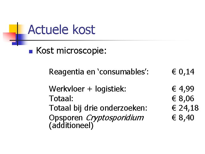 Actuele kost n Kost microscopie: Reagentia en ‘consumables’: € 0, 14 Werkvloer + logistiek: