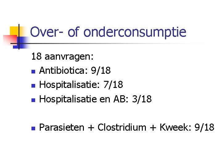 Over of onderconsumptie 18 aanvragen: n Antibiotica: 9/18 n Hospitalisatie: 7/18 n Hospitalisatie en