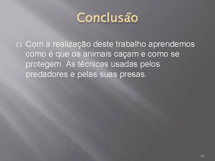 Conclusão � Com a realização deste trabalho aprendemos como é que os animais caçam