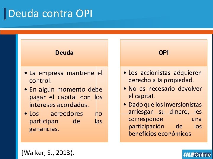 Deuda contra OPI Deuda OPI • La empresa mantiene el control. • En algún