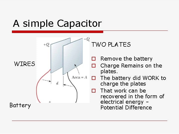 A simple Capacitor TWO PLATES WIRES Battery WIRES o Remove the battery o Charge