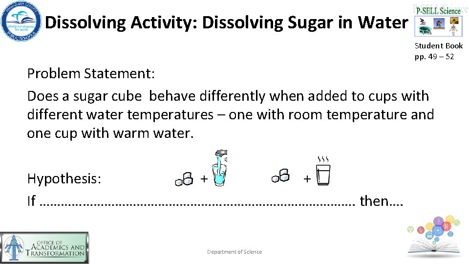 Dissolving Activity: Dissolving Sugar in Water Student Book pp. 49 – 52 Problem Statement: