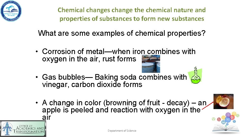 Chemical changes change the chemical nature and properties of substances to form new substances