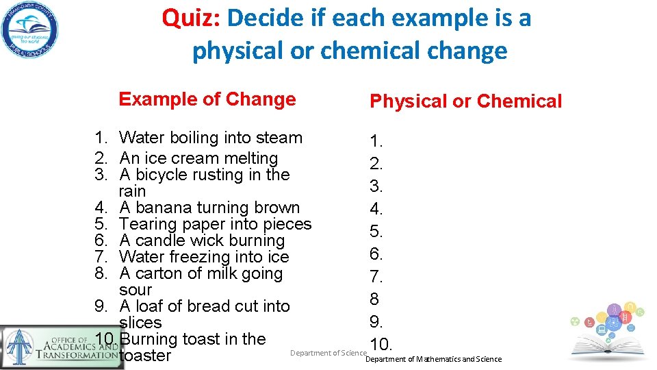 Quiz: Decide if each example is a physical or chemical change Example of Change