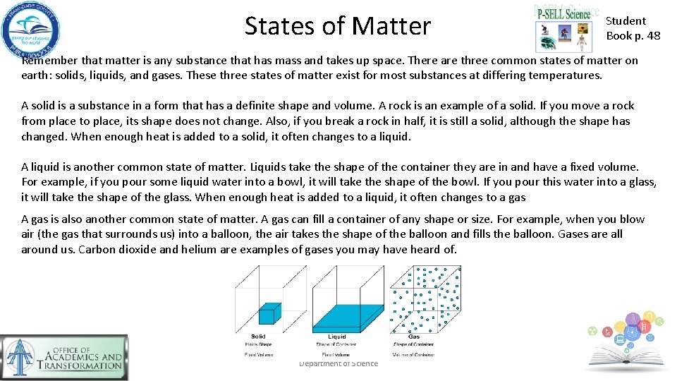 States of Matter Student Book p. 48 Remember that matter is any substance that