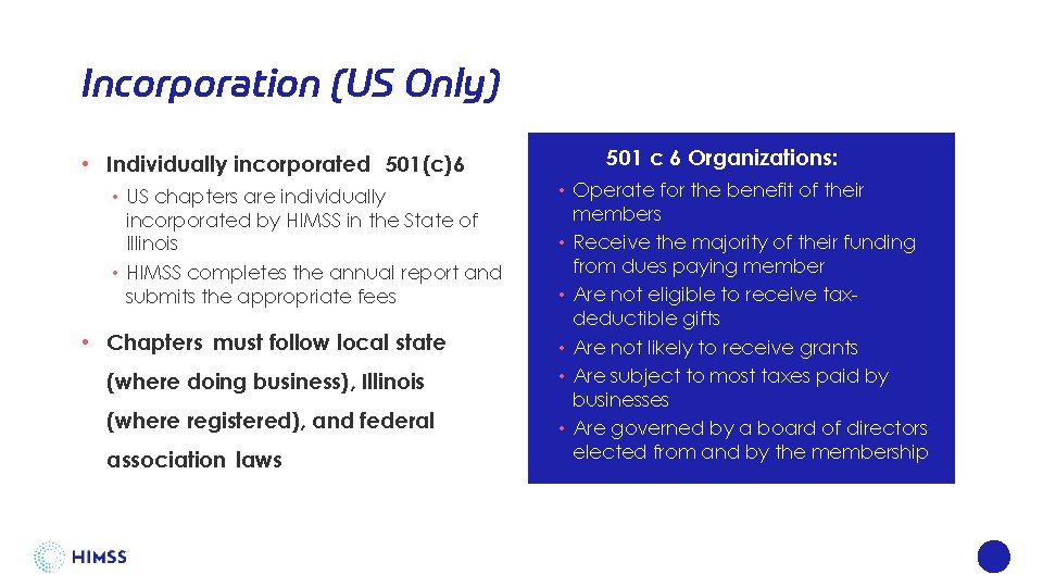 Incorporation (US Only) • Individually incorporated 501(c)6 • US chapters are individually incorporated by