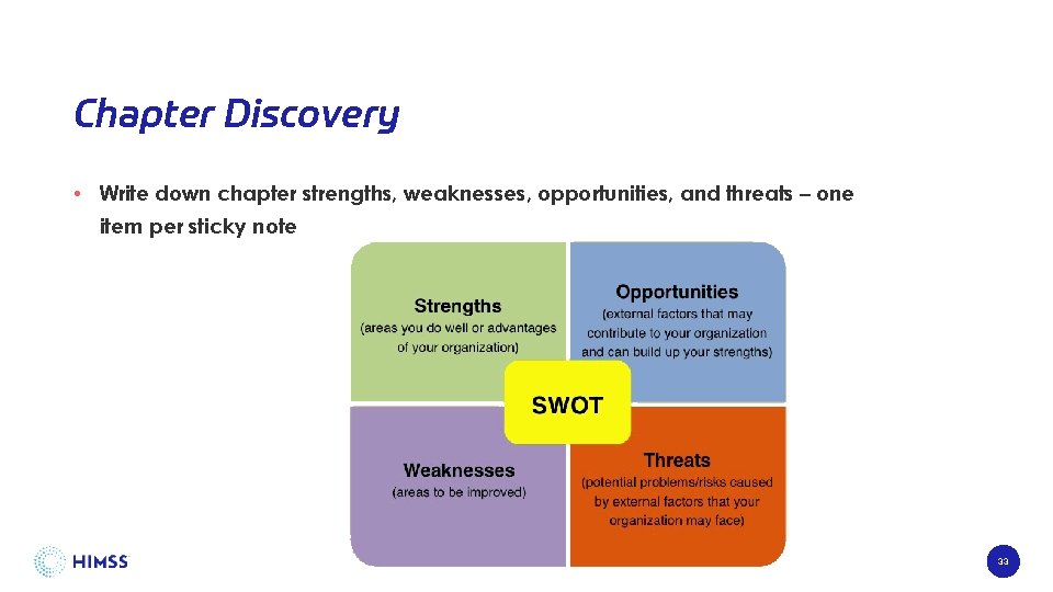 Chapter Discovery • Write down chapter strengths, weaknesses, opportunities, and threats – one item