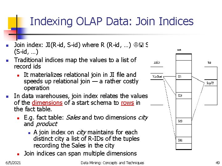 Indexing OLAP Data: Join Indices n n n Join index: JI(R-id, S-id) where R