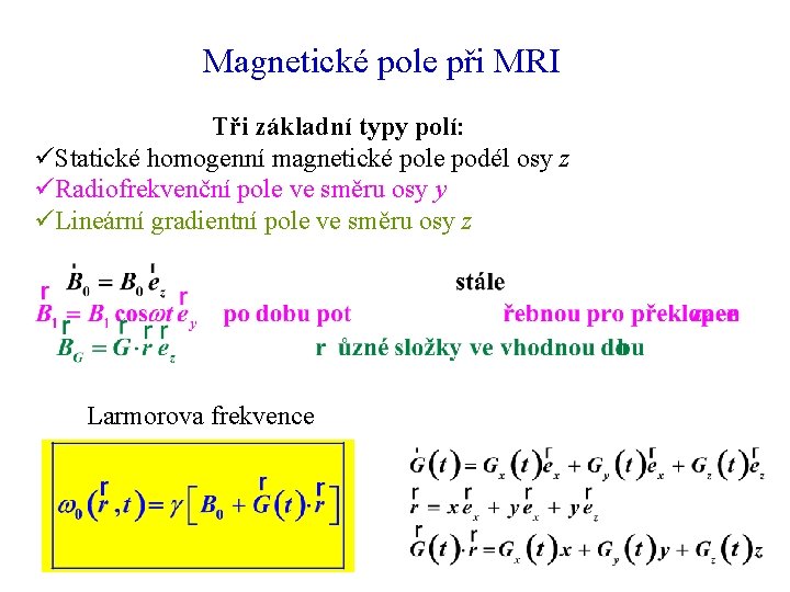 Magnetické pole při MRI Tři základní typy polí: üStatické homogenní magnetické pole podél osy