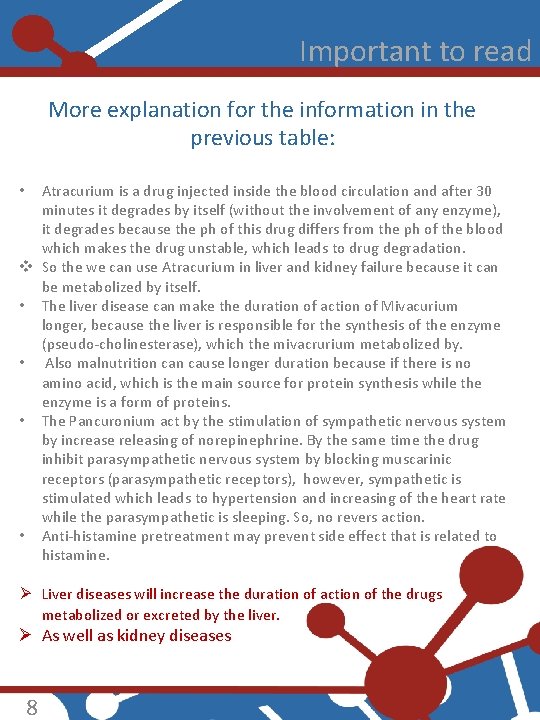 Important to read More explanation for the information in the previous table: Atracurium is