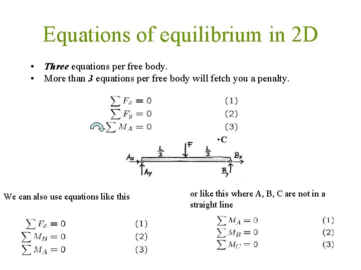 Equations of equilibrium in 2 D • Three equations per free body. • More