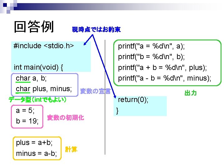 回答例 現時点ではお約束 #include <stdio. h> int main(void) { char a, b; char plus, minus;