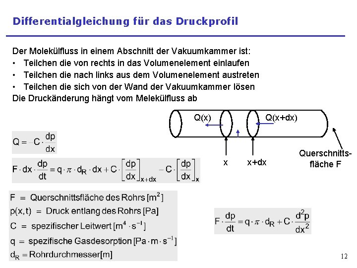 Differentialgleichung für das Druckprofil Der Molekülfluss in einem Abschnitt der Vakuumkammer ist: • Teilchen