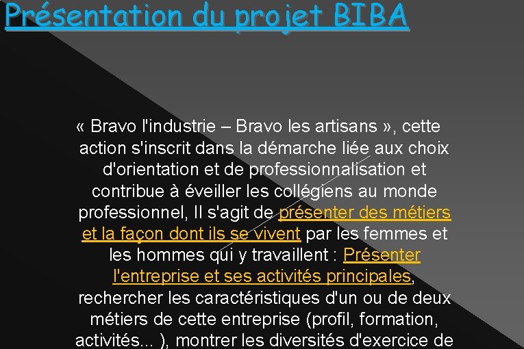 Présentation du projet BIBA « Bravo l'industrie – Bravo les artisans » , cette