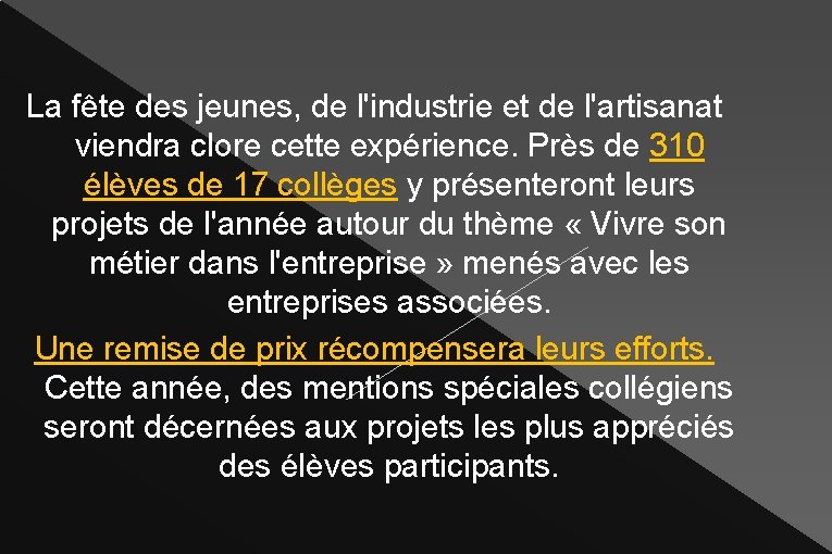 La fête des jeunes, de l'industrie et de l'artisanat viendra clore cette expérience. Près