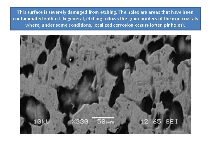 This surface is severely damaged from etching. The holes areas that have been contaminated