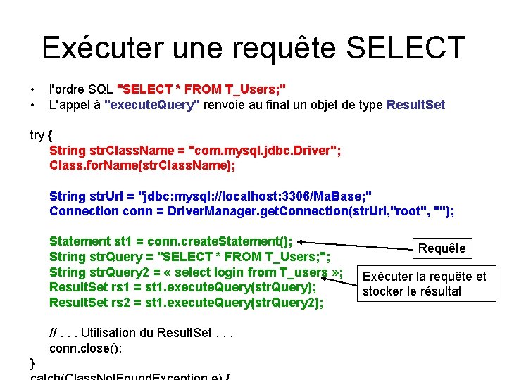 Exécuter une requête SELECT • • l'ordre SQL "SELECT * FROM T_Users; " L'appel