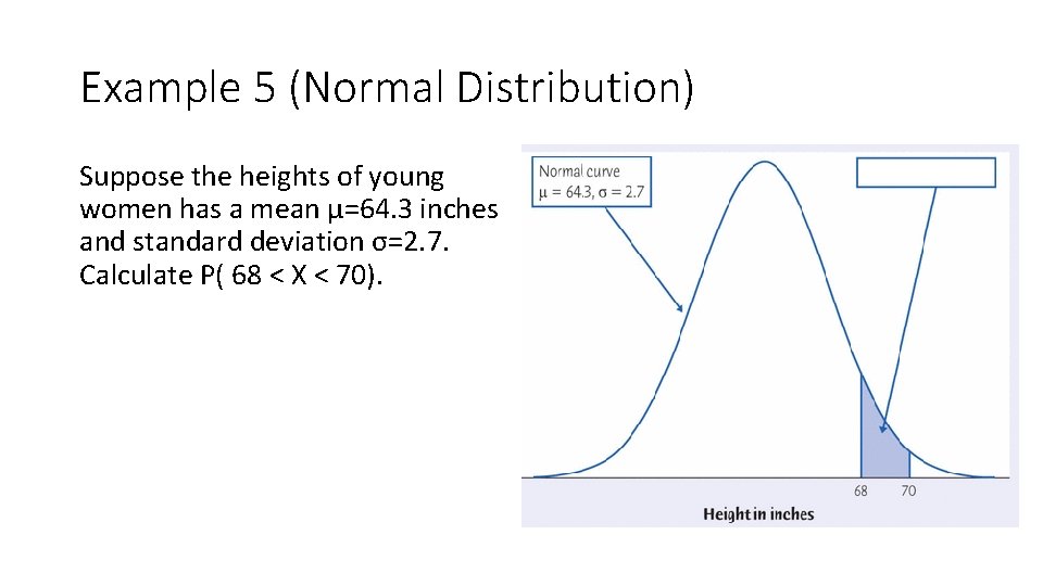 Example 5 (Normal Distribution) Suppose the heights of young women has a mean μ=64.