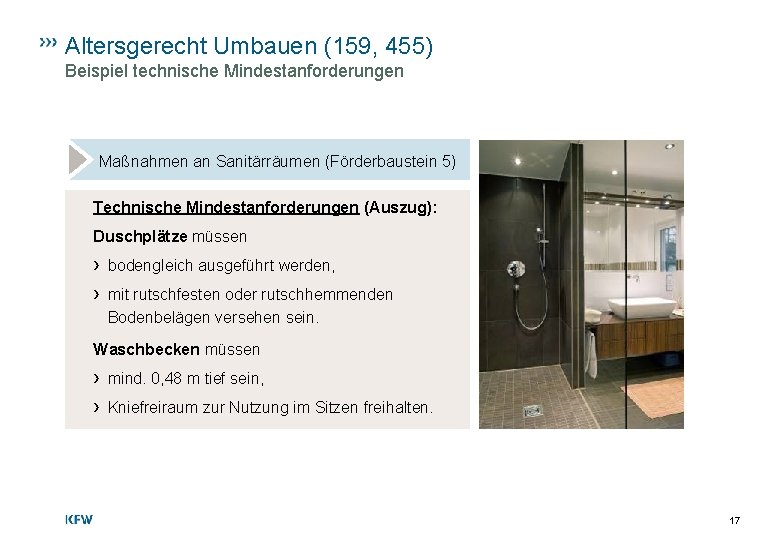 Altersgerecht Umbauen (159, 455) Beispiel technische Mindestanforderungen Maßnahmen an Sanitärräumen (Förderbaustein 5) Technische Mindestanforderungen