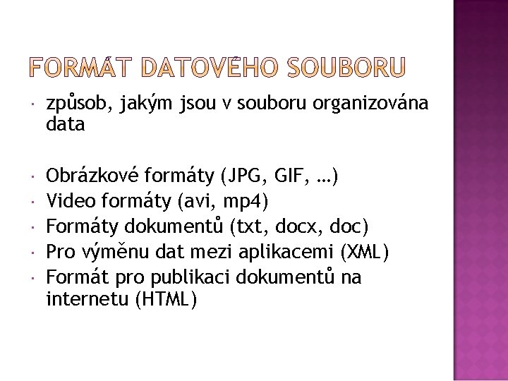  způsob, jakým jsou v souboru organizována data Obrázkové formáty (JPG, GIF, …) Video