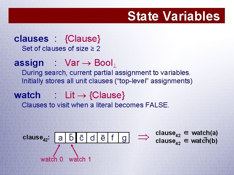 State Variables clauses : {Clause} Set of clauses of size ≥ 2 assign :