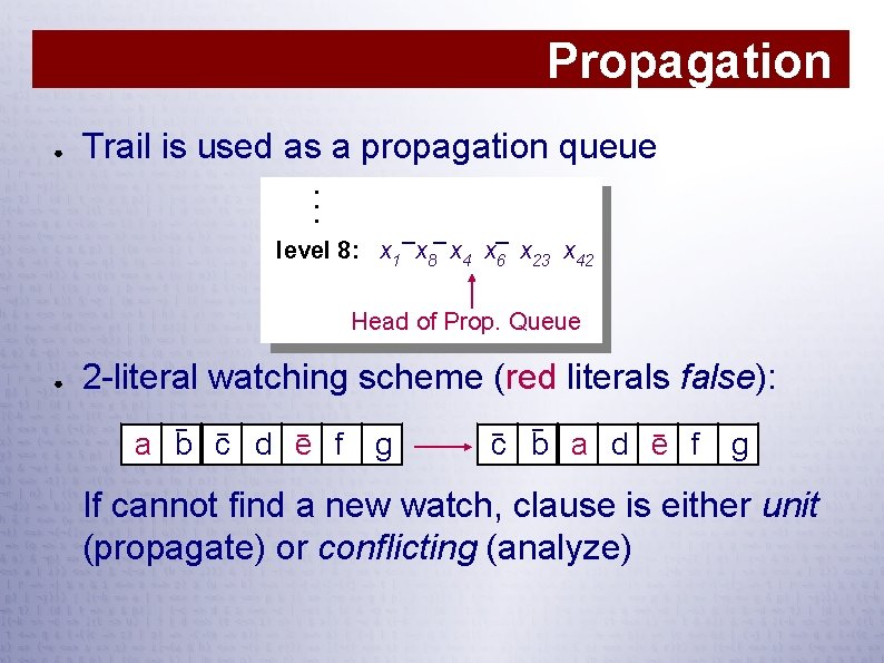 Propagation ● Trail is used as a propagation queue. . . _ _ _