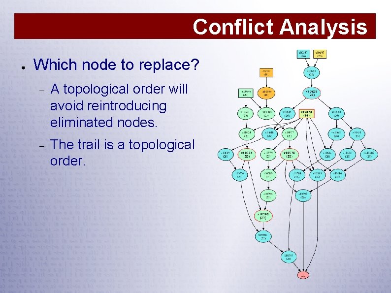 Conflict Analysis ● Which node to replace? A topological order will avoid reintroducing eliminated