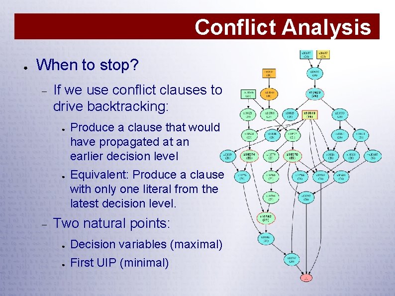 Conflict Analysis ● When to stop? If we use conflict clauses to drive backtracking: