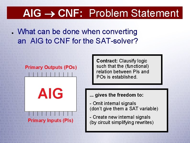AIG CNF: Problem Statement ● What can be done when converting an AIG to