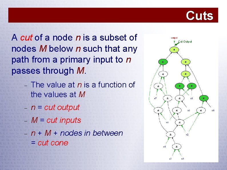 Cuts A cut of a node n is a subset of nodes M below