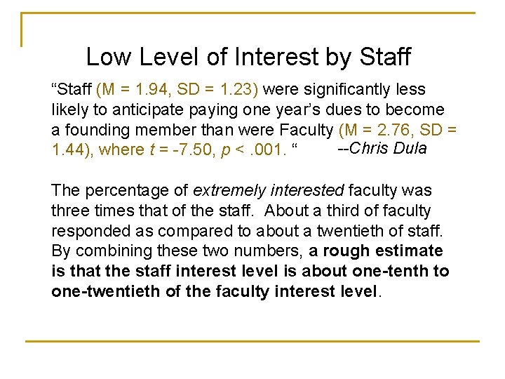 Low Level of Interest by Staff “Staff (M = 1. 94, SD = 1.