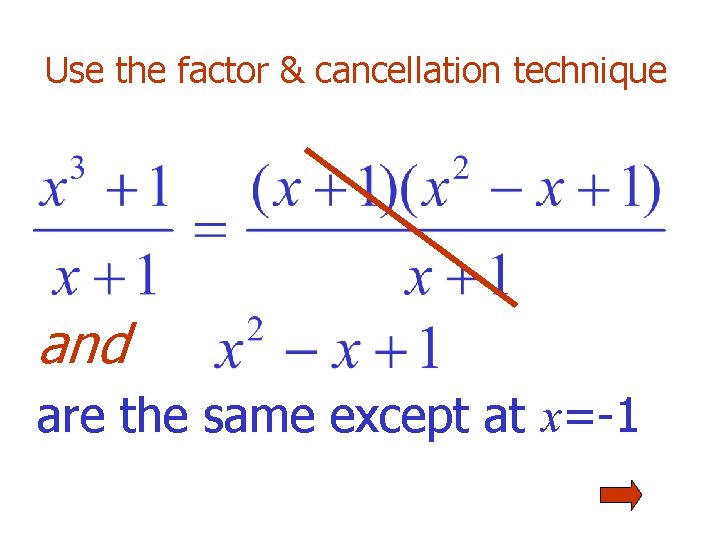 Use the factor & cancellation technique and are the same except at x=-1 Use the factor & cancellation technique and are the same except at x=-1
