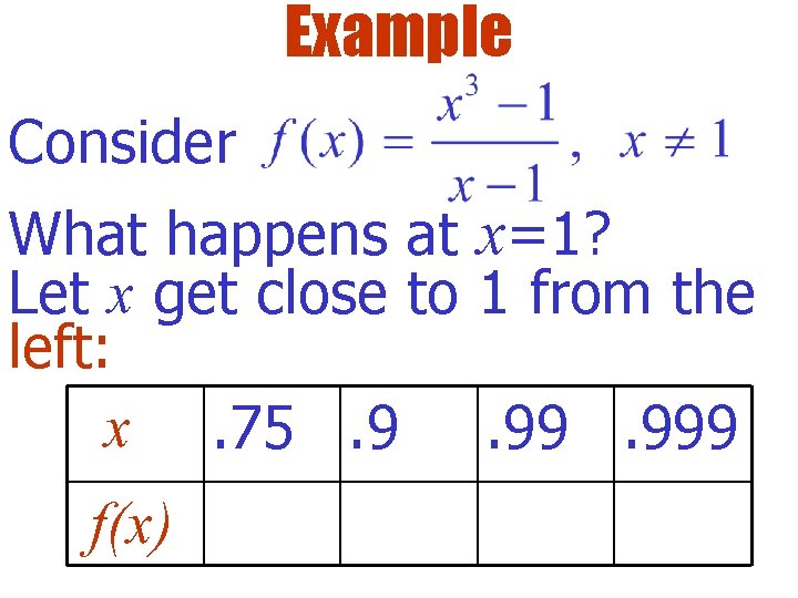 Example Consider What happens at x=1? Let x get close to 1 from the Example Consider What happens at x=1? Let x get close to 1 from the
