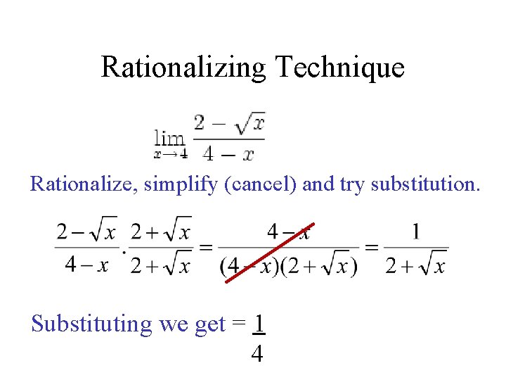 Rationalizing Technique Rationalize, simplify (cancel) and try substitution. Substituting we get = 1 4 Rationalizing Technique Rationalize, simplify (cancel) and try substitution. Substituting we get = 1 4