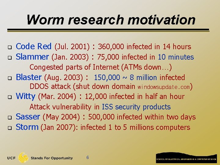 Worm research motivation q q q Code Red (Jul. 2001) : 360, 000 infected