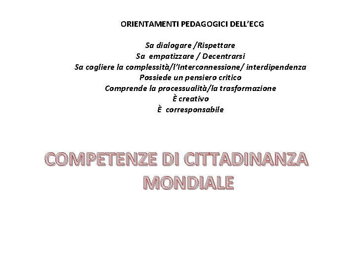 ORIENTAMENTI PEDAGOGICI DELL’ECG Sa dialogare /Rispettare Sa empatizzare / Decentrarsi Sa cogliere la complessità/l’Interconnessione/