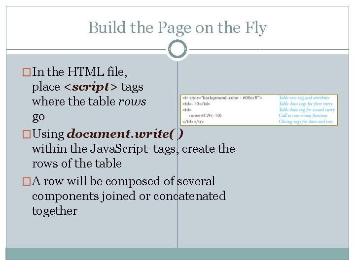 Build the Page on the Fly �In the HTML file, place <script> tags where
