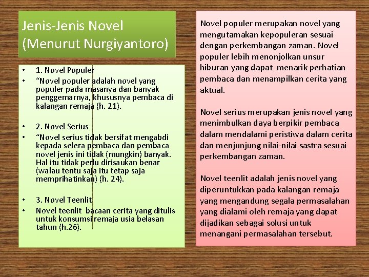 Jenis-Jenis Novel (Menurut Nurgiyantoro) • • • 1. Novel Populer “Novel populer adalah novel