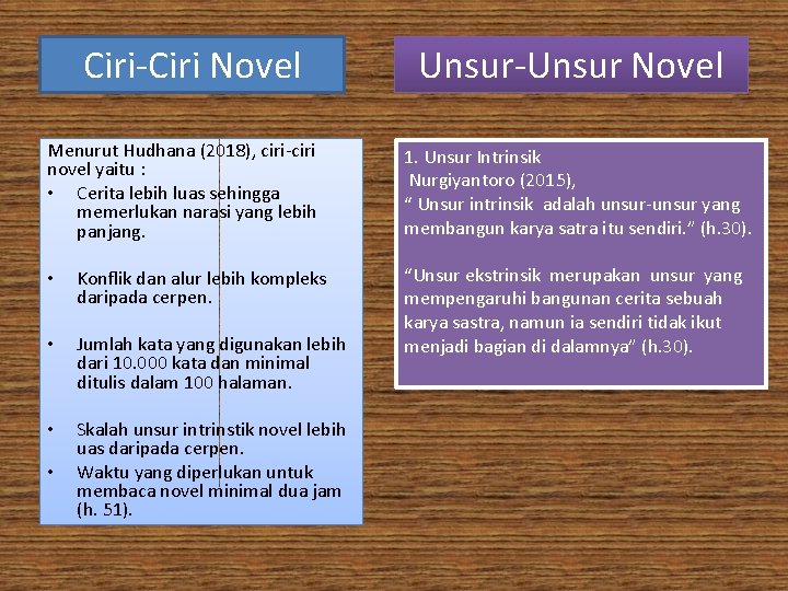 Ciri-Ciri Novel Menurut Hudhana (2018), ciri-ciri novel yaitu : • Cerita lebih luas sehingga