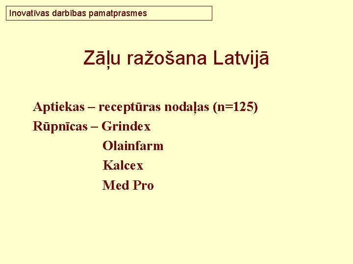 Inovatīvas darbības pamatprasmes Zāļu ražošana Latvijā Aptiekas – receptūras nodaļas (n=125) Rūpnīcas – Grindex