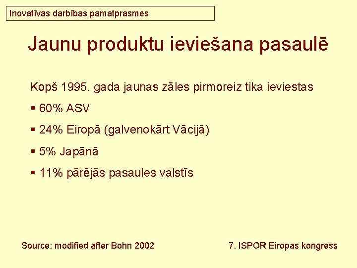 Inovatīvas darbības pamatprasmes Jaunu produktu ieviešana pasaulē Kopš 1995. gada jaunas zāles pirmoreiz tika