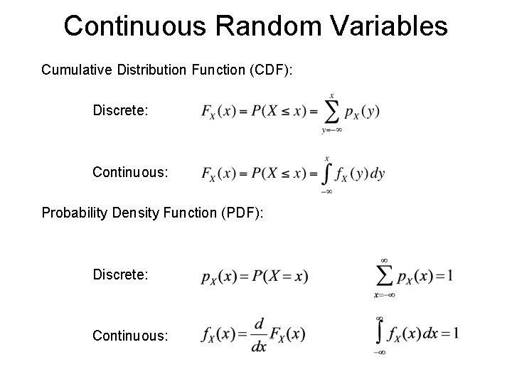 Continuous Random Variables Cumulative Distribution Function (CDF): Discrete: Continuous: Probability Density Function (PDF): Discrete: Continuous Random Variables Cumulative Distribution Function (CDF): Discrete: Continuous: Probability Density Function (PDF): Discrete: