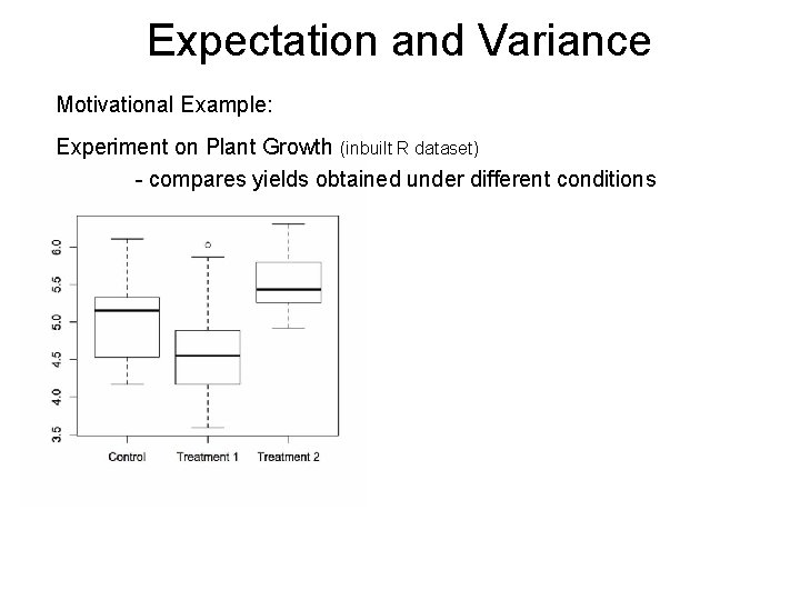 Expectation and Variance Motivational Example: Experiment on Plant Growth (inbuilt R dataset) - compares Expectation and Variance Motivational Example: Experiment on Plant Growth (inbuilt R dataset) - compares