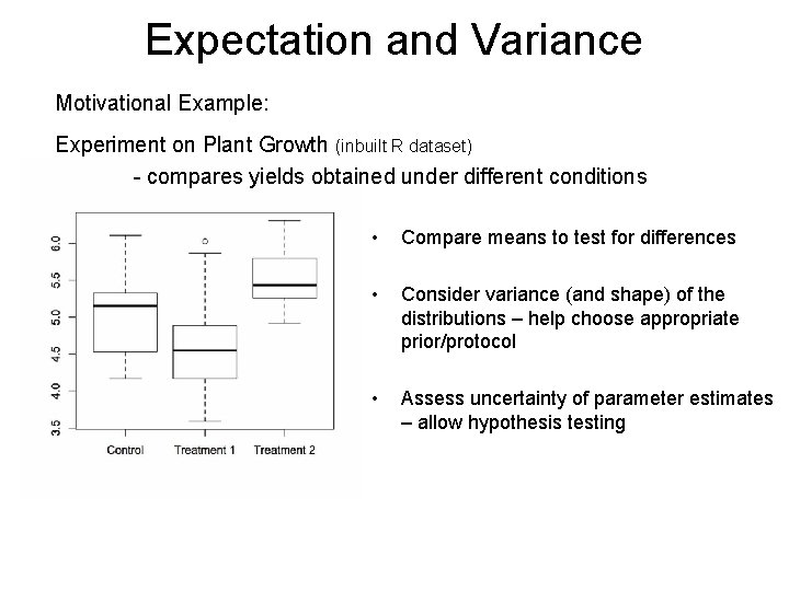 Expectation and Variance Motivational Example: Experiment on Plant Growth (inbuilt R dataset) - compares Expectation and Variance Motivational Example: Experiment on Plant Growth (inbuilt R dataset) - compares